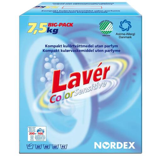 NORDEX Tvättpulver Lavér Colour Sensitive, lågskummande, färg, utan parfym, 7,5 kg