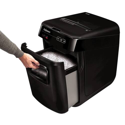 Fellowes Dokumentförstörare, AutoMax™ 200M, mikrobitar med automatisk inmatning, 200 ark, 32-liters papperskorg, strimlar: häftklamrar, kreditkort