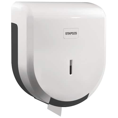 Staples Dispenser för jumborullar med toalettpapper, ABS-plast, med lock, vit, 275 x 245 x 120 mm