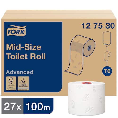 Tork Toalettpapper Advanced Compact T6, jumborulle, 2-lagers, präglad, vit
