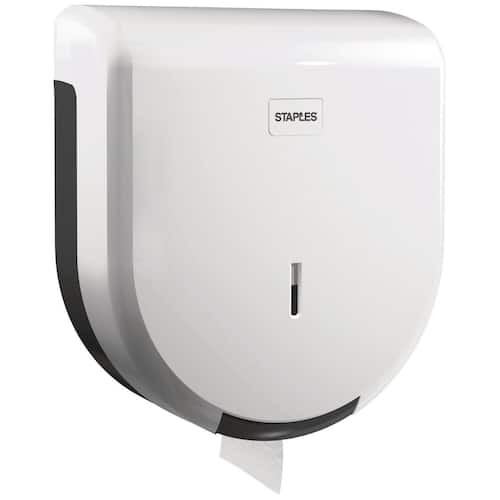 Staples Dispenser, hygienisk, för jumborullar med toalettpapper, ABS-plast, med lock, vit, 320 x 285 x 120 mm