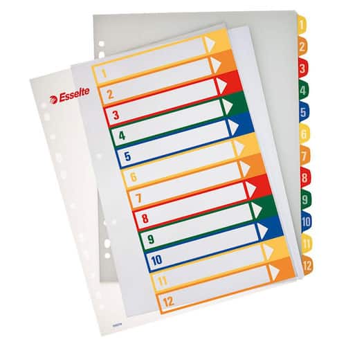 Esselte Plastregister, polypropylen, 12 delar, 1-12, A4+, olika färger