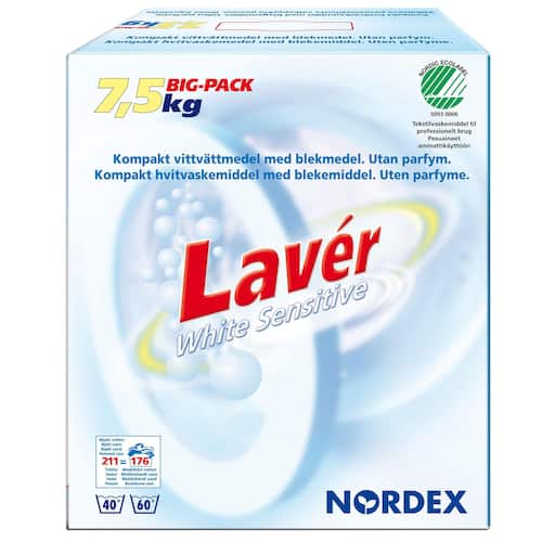 NORDEX Tvättmedel Lavér White Sensitive, lågskummande, färg, utan parfym, 7,5 kg